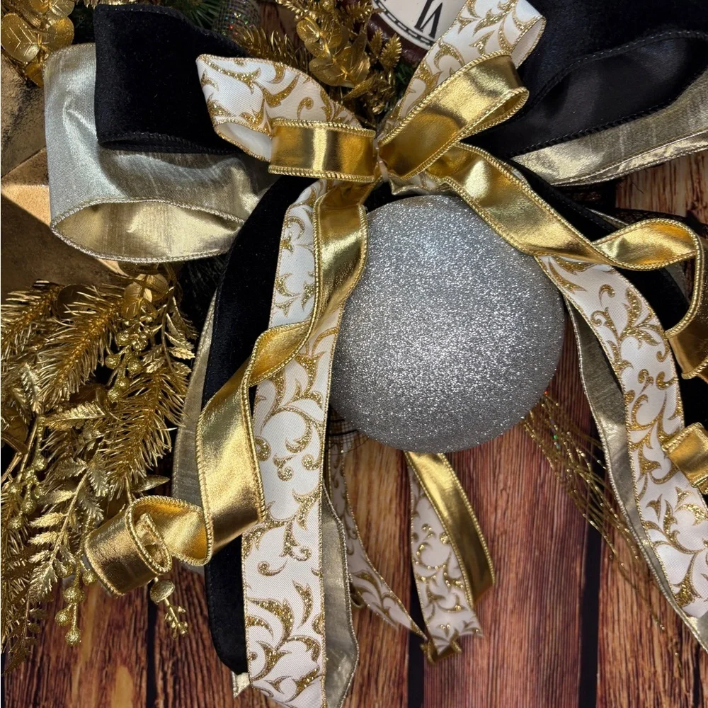 Elegant Gold and Silver Holiday Wreath with Clock